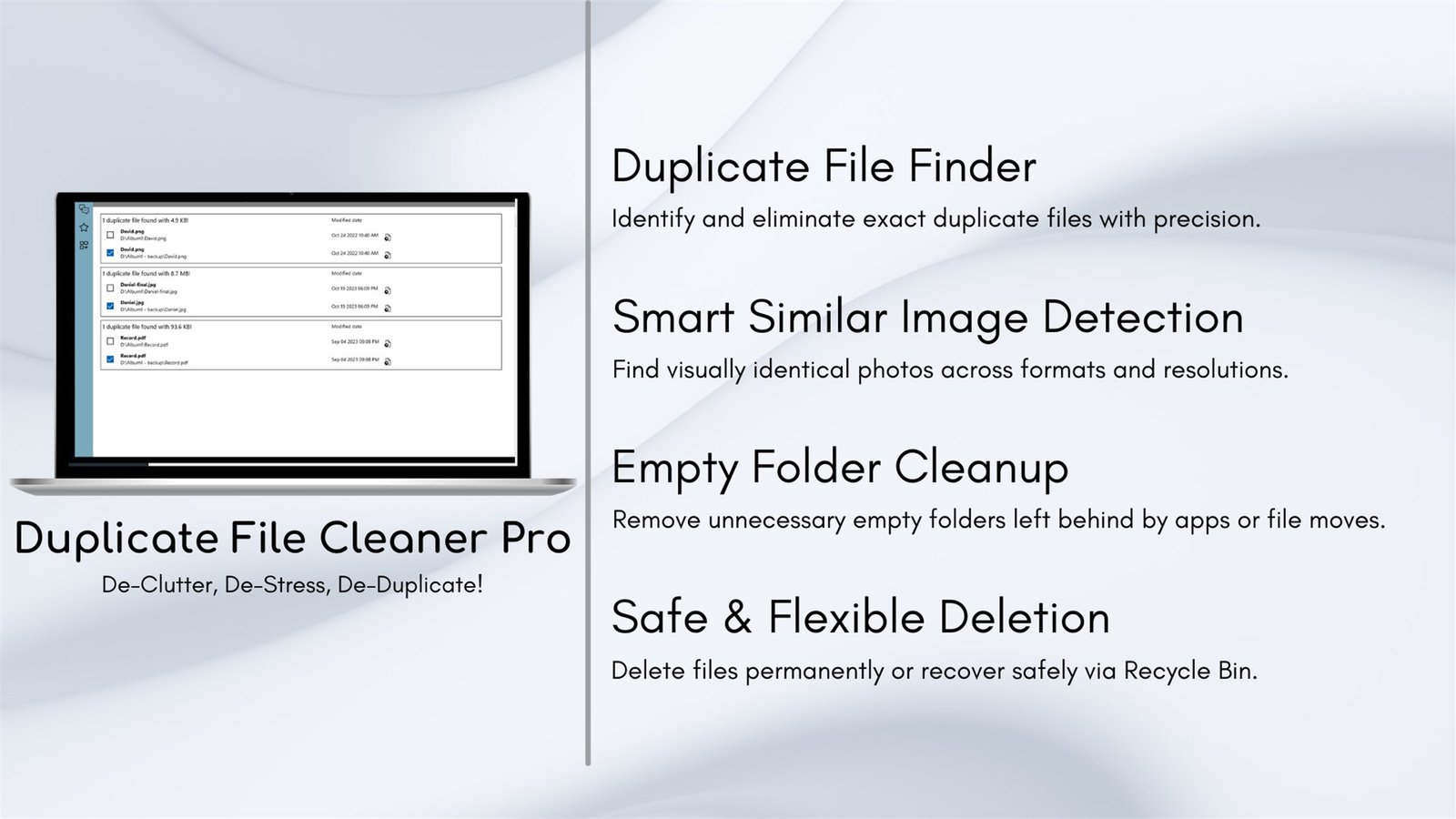 Duplicate File Cleaner Pro duplicate groups showing matched files with size and modified date