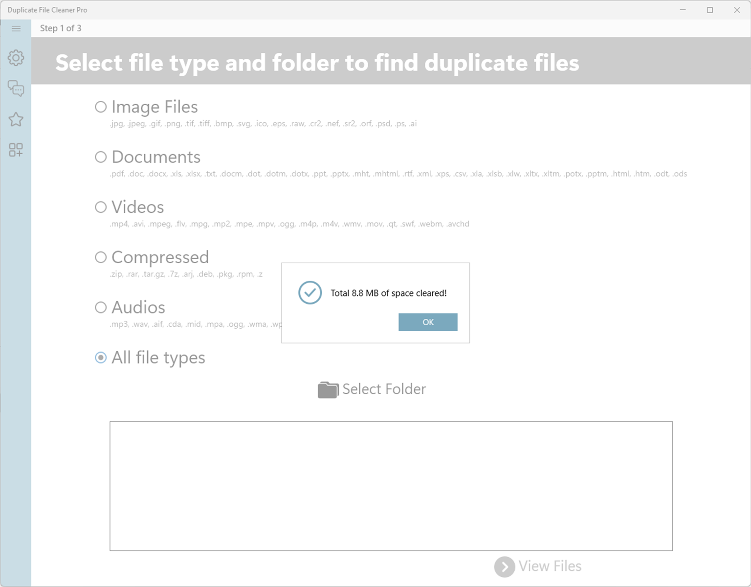 Duplicate File Cleaner Pro confirmation: total 8.8 MB of space cleared
