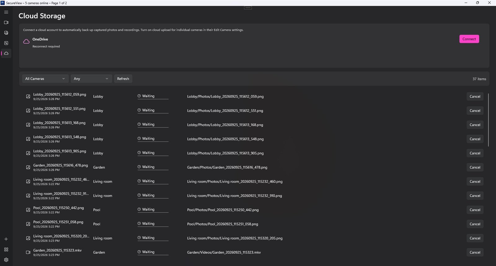 SecureView Cloud Storage screen with the OneDrive upload queue