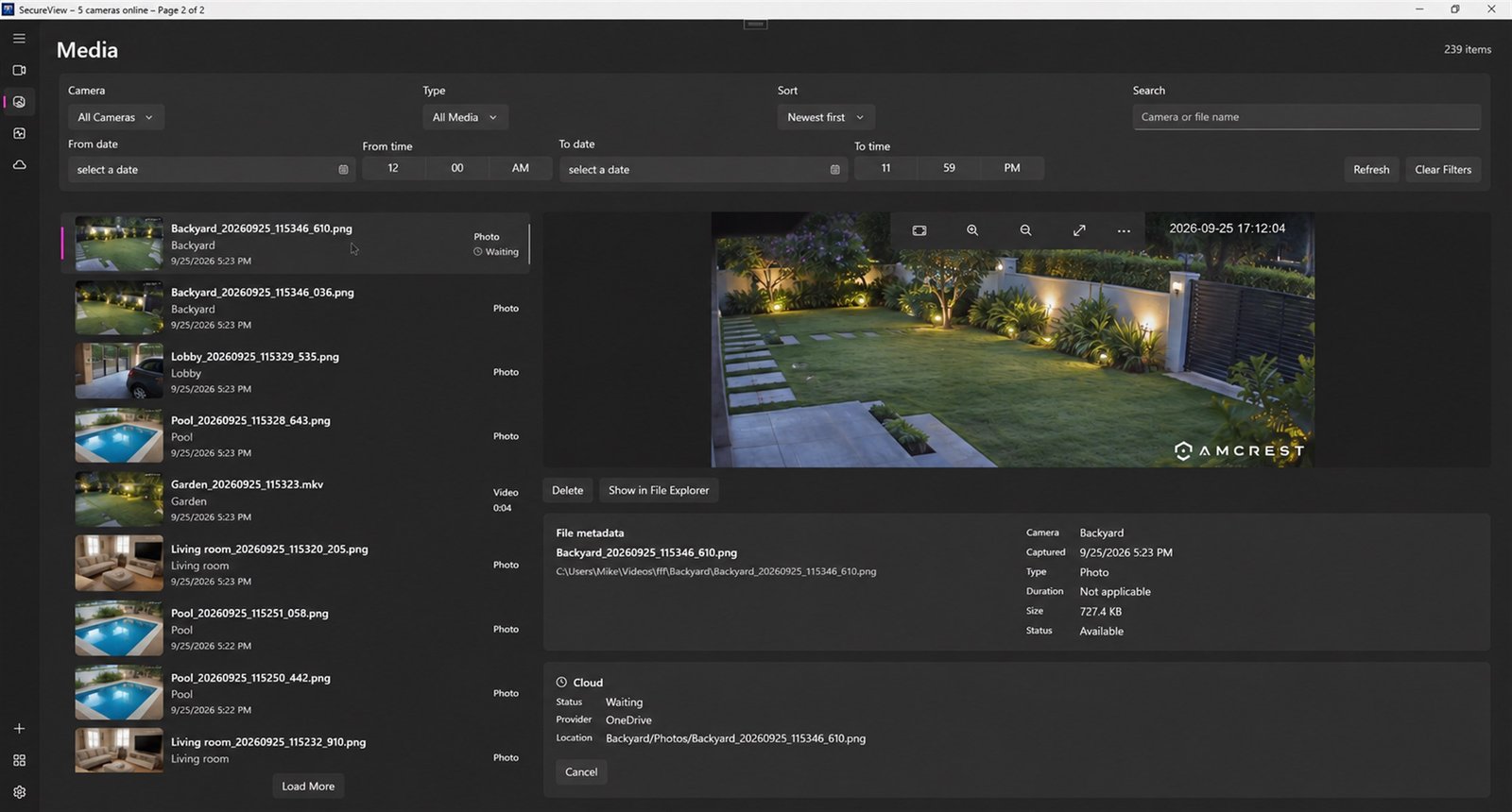 IP camera viewer media library listing recordings and snapshots from several cameras