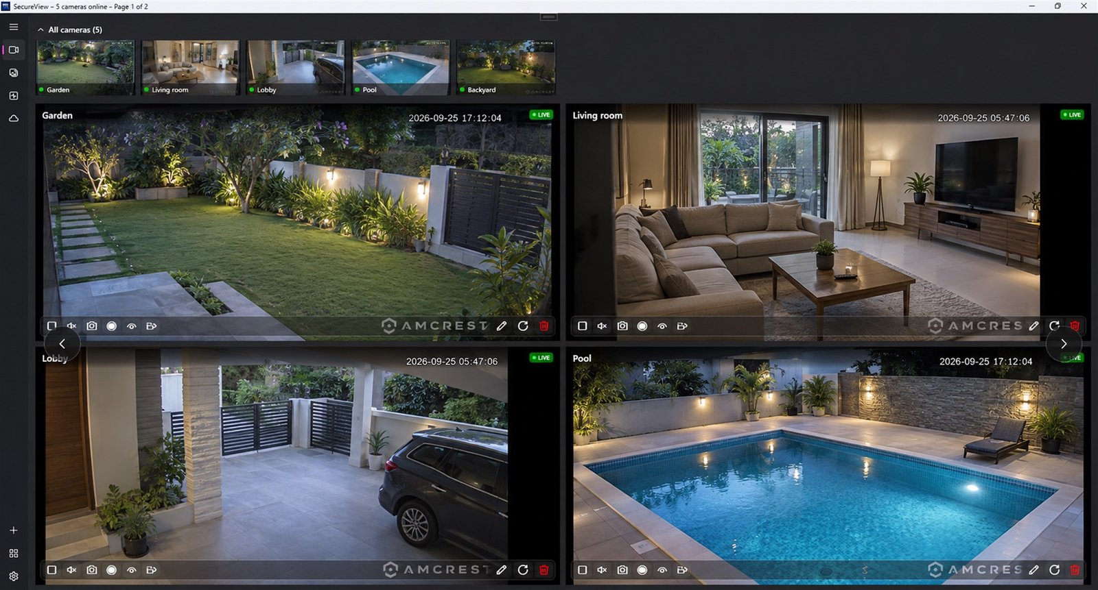 SecureView multi-camera dashboard showing live feeds from five IP cameras