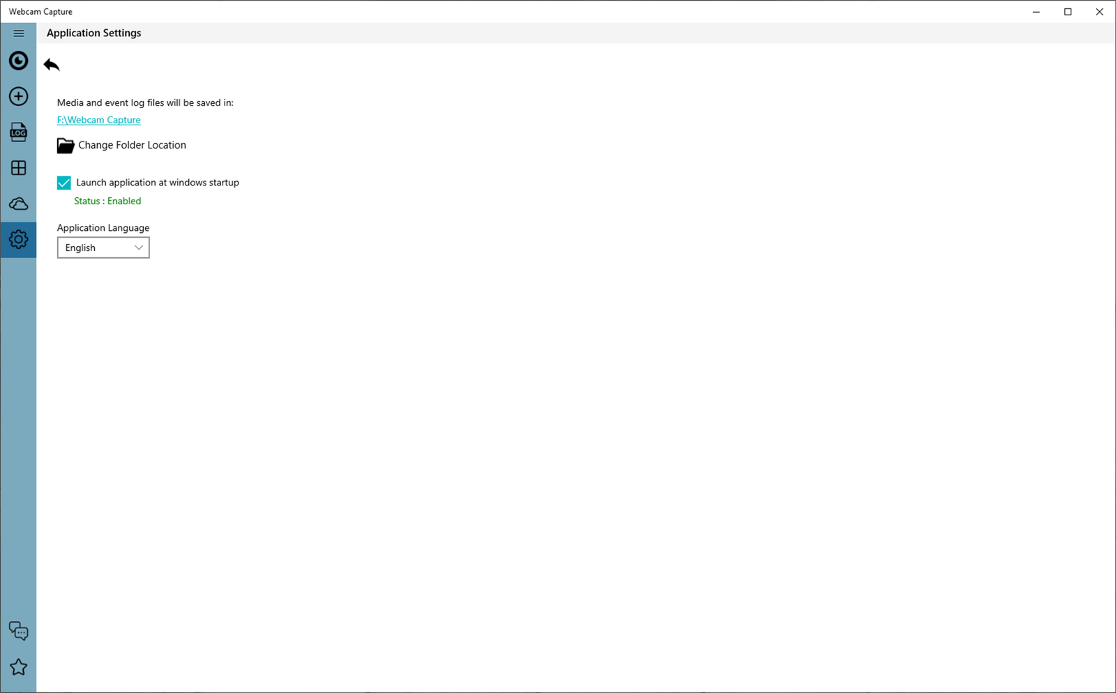 Webcam Capture settings for the media folder, launch at Windows startup and language